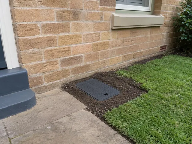 Capped sewer access cover beside a brick house wall and garden bed in Kirribilli